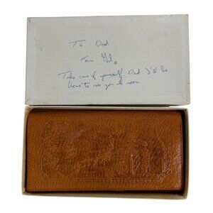 NOS Japanese Embossed Leather Bifold Brown Wallet Temple Geisha Dragon w Zipper